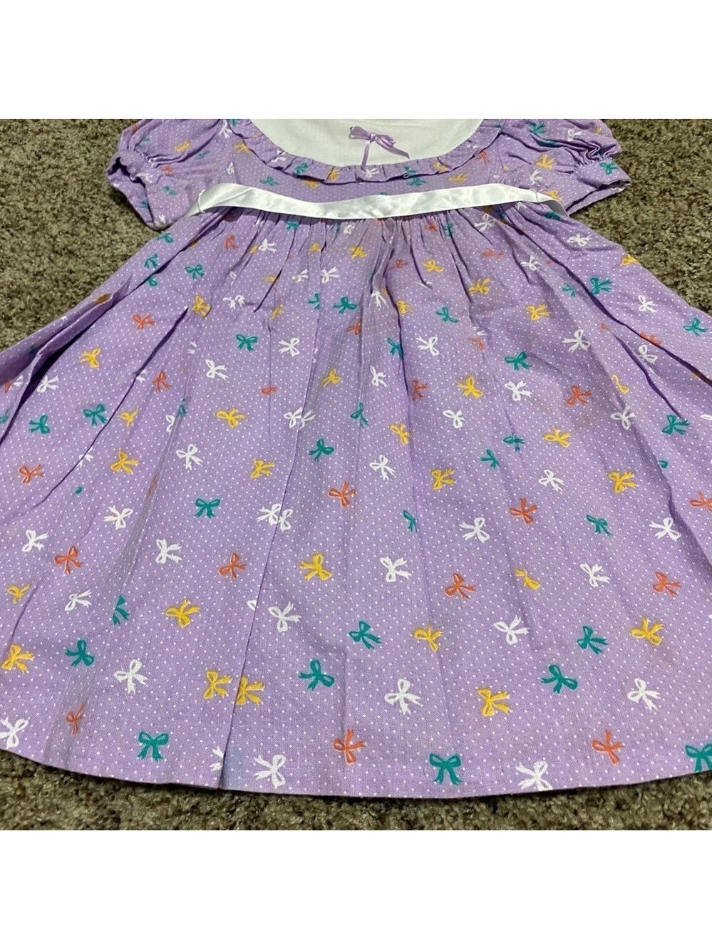 Vintage Toddler Girl Cotton Dress 80s 90s Purple Polka Dot Bows Ribbon Tie - Picture 4 of 11